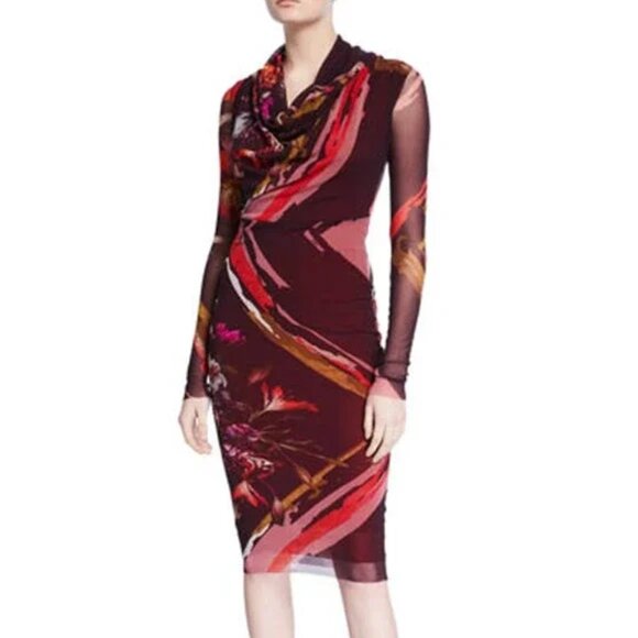 Fuzzi Gaultier Printed Mesh tulle drape neck Sheath Dress Multi Fall colors S - Picture 1 of 10